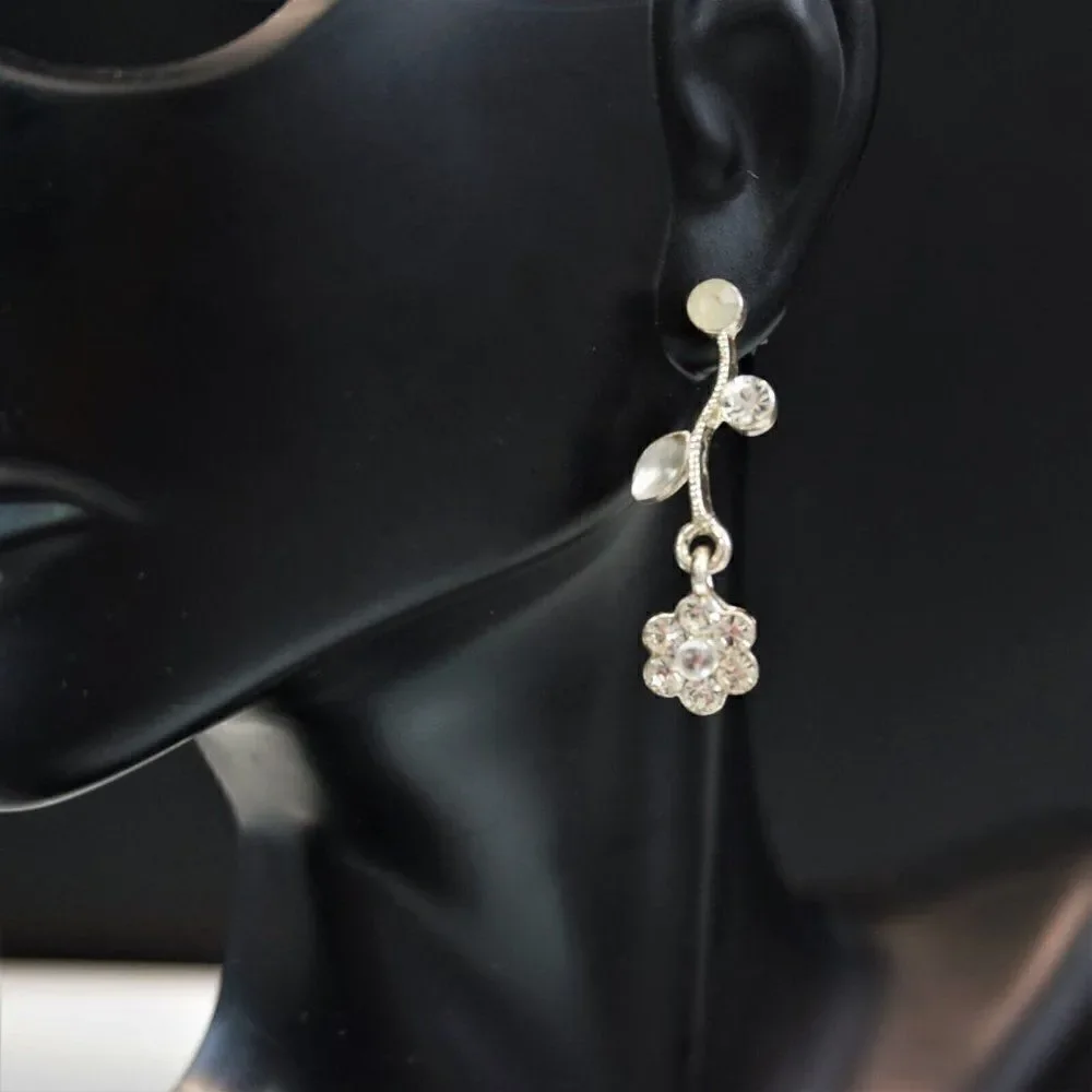 Vintage Crystal Vine Teardrop Flower Earrings Silvertone  Wedding Bridesmaid